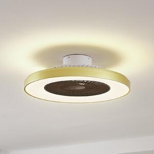 Lindby Вентилатор за таван LED Teleo, месинг, DC, тих, Tuya, Затъмняване, Злато / месинг, Дневна/трапезария, Пластмаса, Модерен