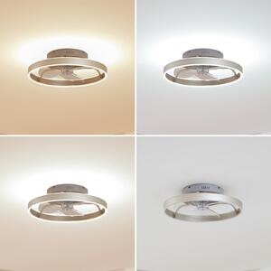 Lindby LED тавански вентилатор Momitu, сребрист, безшумен, Ø 50 cm, Затъмняване, Металик, Дневна/трапезария, Алуминий, Модерен