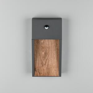 Trio Lighting LED сензорна лампа за външна стена SALMON, дървесен вид, височина 33 cm IP44, Дърво, Алуминий, Модерен, Стенна розетка отдолу