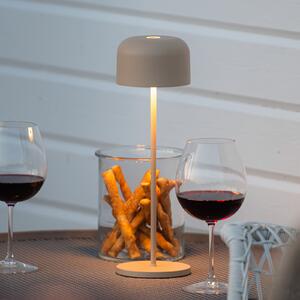 Konstsmide LED акумулаторна настолна лампа Lille, височина 36 cm, цвят пясък, IP54, USB, Затъмняване, Бежов, Дневна/трапезария, Алуминий, Модерен