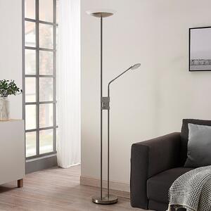 Lindby LED стояща лампа Jonne, кръгла, с рамо за четене, регулируема яркост,, Затъмняване, Металик, Дневна/трапезария, Метал, Модерен, Светлина за четене
