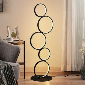Lindby LED подова лампа Jacek, черна, метал, 110 cm, пръстени, Черен, Дневна/трапезария, Метал, Модерен