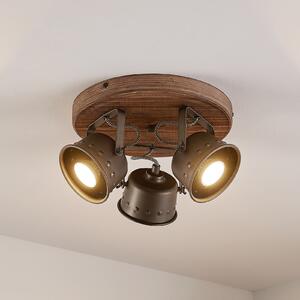 Lindby Прожектор за таван Rubinjo, Ø 31 cm, 3 светлини, дърво, GU10, Затъмняване, Дърво, Дневна/трапезария, Метал, Винтидж