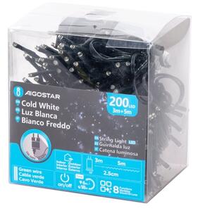 Aigostar - Външна LED коледна гирлянда, 200 LED, 8 функции, 8 м, IP44, студено бяло