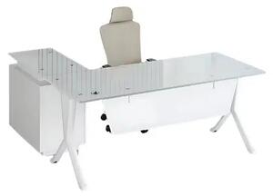 Офис бюро White L, с плот от стъкло и фиксиран шкаф