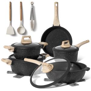 Комплект тенджери и тигани Just Perfecto JL-889, 14 ч, Отливка, Мраморно покритие, Индукция, Аксесоари, Черен