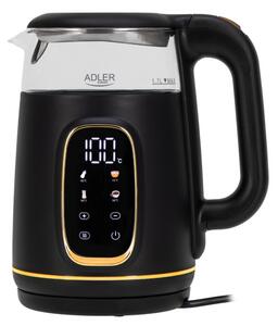 Електрическа кана Adler AD 1305, 1850/2200 W, 1.7 л, Сензорен контрол, Цветен LCD дисплей, Пет температурни настройки 40-100°C, Филтър против утаяване, Черен/златист