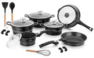 Комплект тенджери и тигани Royalty Line RL-ES2014M Shiny Black, 14 части, Мраморно покритие, Индукция, Черен