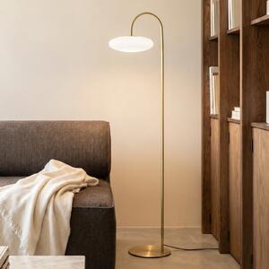 Lucande LED стояща лампа Tenebra, 150 см, месинг/бяло, стъкло, Затъмняване, Злато / месинг, Дневна/трапезария, Месинг, Модерен