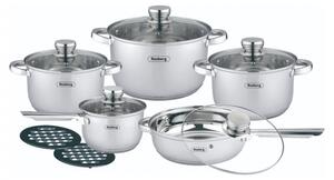 Комплект тенджери и тигани Rosberg R51210L12BM, 12 части, Многослойно дъно, Неръждаема стомана, Сребрист