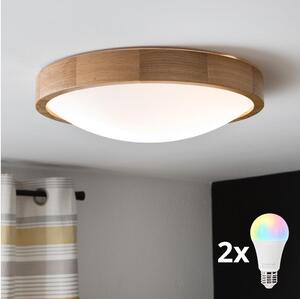 Brilagi-LED RGBW димируема плафонна лампа CARVALHO SLIM 2×E27/9W/230V Wi‑Fi, дъб, Ø 37 см
