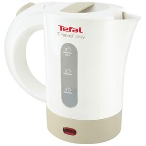 Електрическа кана Tefal Travel'City KO120, 0.5 литра обем, Двойна мощност 1200W/2400W, 2 чашки и 2 лъжички, бяла/сива