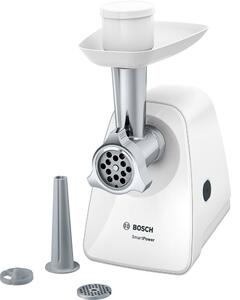 Месомелачка Bosch MFW2510W, капацитет 1.7кг/мин, 2 решетки, защита от претоварване, приставка за наденици, 350W, бяла