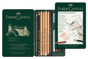 Моливи Faber-Castell Pitt Monochrome, чернографитни, различни цветове, 12 бр, метална кутия