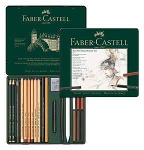 Моливи Faber-Castell Pitt Monochrome, чернографитни, различни цветове, 21 бр, метална кутия