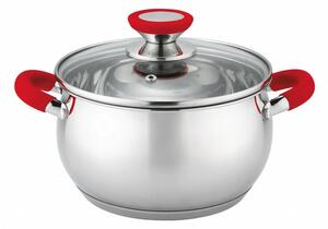 Тенджера Voltz OV51210N18, вместимост 2.5l, 18cm диаметър, неръждаема стомана, капак от закалено стъкло, инокс, силиконови червени дръжки