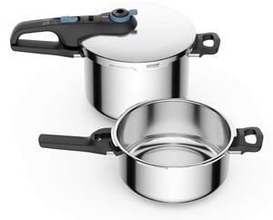 Комплект тенджери под налягане Tefal Secure Trendy P2584301, вместимост 6/4 l, 2 програми за готвене, 5-точкова система за безопасност, неръждаема стомана, с капак, 2бр., сиви