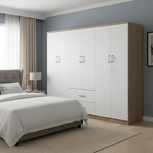Гардероб с 6 врати, Athos I V9, бял-дъб, 200.5x42x180 см