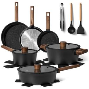 Комплект тенджери и тигани Just Perfecto JL-111, 15 части, Отливка, Гранитно покритие, Индукция, Аксесоари, Черен