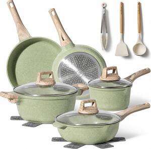 Комплект съдове за готвене Just Perfecto JL-33SET, 13 части, Алуминии, Мраморно покритие, Стъклени капаци с отвор за пара, Без PTFE и PFOA, Индукция, Зелен