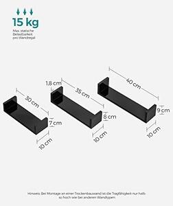 Комплект от 3 стенни рафта, Songmics, черен, 40x10x9 см