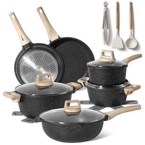 Комплект тенджери и тигани Just Perfecto JL-789, 15 ч, Отливка, Мраморно покритие, Индукция, Аксесоари, Черен