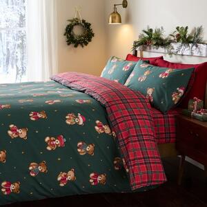 Червено/тъмнозелено единично спално бельо 150x120 cm Christmas Tartan Teddy Bear – Catherine Lansfield