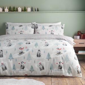 Единично фланелено спално бельо в естествен цвят 135x200 cm Brushed Christmas Penguins – Catherine Lansfield