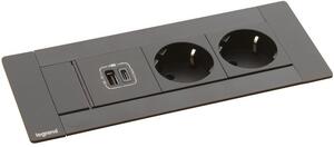 Legrand Мебелна кутия с 2х Шуко и USB тип A+C, кабел 2m, 202x80mm, цвят ЧЕРЕН, Incara Multilink - 654786