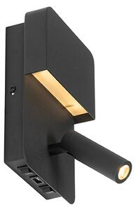 Стенна лампа черна с LED с USB и лампа за четене с превключвател - Robin