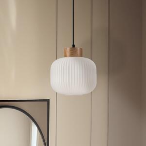 Lamkur Висящо осветително тяло Harmony, Ø 20 cm, опалово стъкло, дъбово дърво, E27, Затъмняване, Бял, Дневна/трапезария, Стъкло, Скандинавски