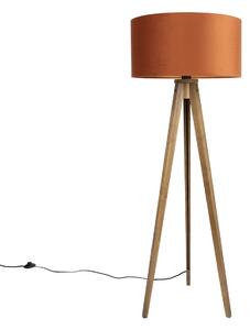 Дървена подова лампа с оранжев абажур и златист интериор 50 см - Tripod Classic