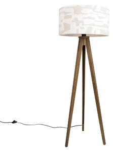 Дървена подова лампа с бежов и бял раиран абажур 50 см - Tripod Classic