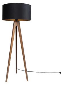 Подова лампа от орехово дърво с черен абажур със златист интериор 50 см - Tripod Classic