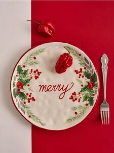 Sinsay - Коледна керамична чиния с надпис “Merry” - бял