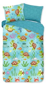 Синьо единично удължено памучно детско спално бельо 140x220 cm Turtles – Good Morning