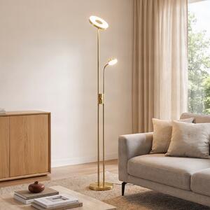 Lindby LED стояща лампа Seppa, кръгла, месинг, метал, 180 см, Затъмняване, Злато / месинг, Дневна/трапезария, Метал, Модерен, Светлина за четене