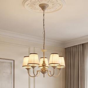 Lindby Полилей Lumiel, 5 осветителни тела, крем/месинг, текстил, Затъмняване, Бронзов / античен месинг, Дневна/трапезария, Плат / текстил, Къща в провинцията / Рустик, Висулки с много пламъци