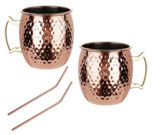 Комплект чаши за Moscow Mule Kinghoff KH 2000, 2 бр, 500мл, 2 сламки, Неръждаема стомана, Меден цвят