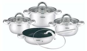Комплект касероли и тиган Rosberg R51210L8T, 8 части, неръждаема стомана, капак, инокс