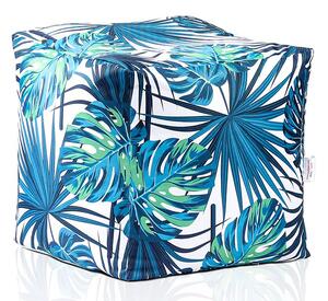 Пуф 80л., Табуретка Куб - Tropical Leaves, Перящ се калъф, Водоустойчив, Пълнеж от Полистиролни перли, принт