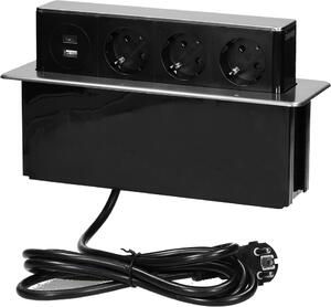 ORNO Мебелна кутия Pop-Up, с контакти 3х шуко, 2х USB тип A+C, кабел 2m, 273x65x93mm, цвят ИНОКС, - OR-GM-9014(GS)/B-G