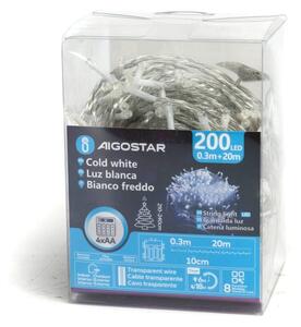 Aigostar-LED Външен коледен гирлянд 200xLED/8 функции 4xAA 20m IP44 студено бяло