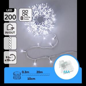 Aigostar-LED Външен коледен гирлянд 200xLED/8 функции 4xAA 20m IP44 студено бяло