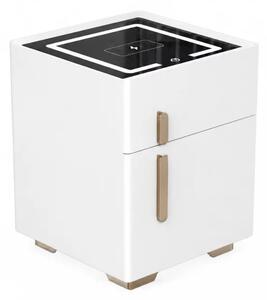 Интелигентно нощно шкафче с безжично зареждане, LED осветление, 1 чекмедже за съхранение и сейф – бяло, модерен дизайн от стъкло и дърво