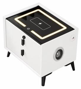 Интелигентно нощно шкафче с безжично зареждане, LED осветление, Bluetooth високоговорител, USB и Type-C портове – бял цвят, 2 чекмеджета, модерен дизайн от стъкло и дърво