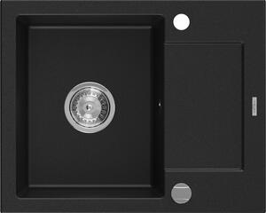 Mexen Enzo гранитна мивка с една камера и отцежник 576 x 465 мм, черна, сифон хром - 6506571005-77