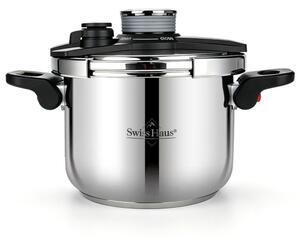 Тенджера под налягане Swiss Haus SH-PCA8L, 8 л, 24х18.6 см, 100 kPa, Неръждаема стомана, Без PFAS, Трислойно дъно, Индукция, Сребрист