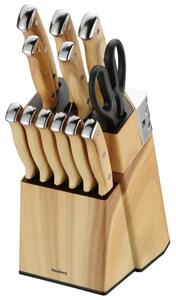 Комплект кухненски ножове Klausberg KB 9038, 13 ч, Вградено точило, Неръждаема стомана, Стойка, Кафяв