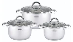 Комплект тенджери Rosberg R51210L6C, 6 ч, Мерителна скала, Стъклени капаци, Неръждаема стомана, Индукция, Сребрист